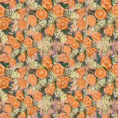 Kusursuz desenli, turuncu gül buketli