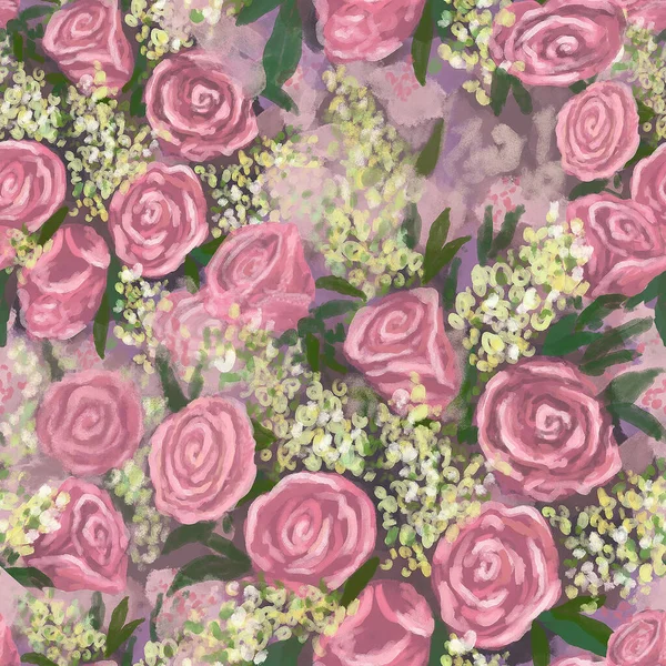 粉红玫瑰花束，白色花朵，无缝图案 — 图库照片
