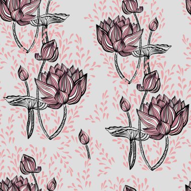 Nilüfer çiçekleri ve gri arkaplanda pembe damlalarla kusursuz doğrusal desen