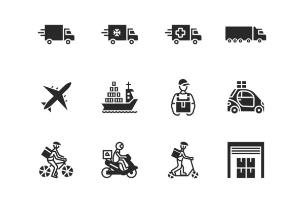 Transport company flat glyph icon set. Vector illustration food and delivery service silhouette. Transportation of cargo. Worldwide delivery — Stock Vector