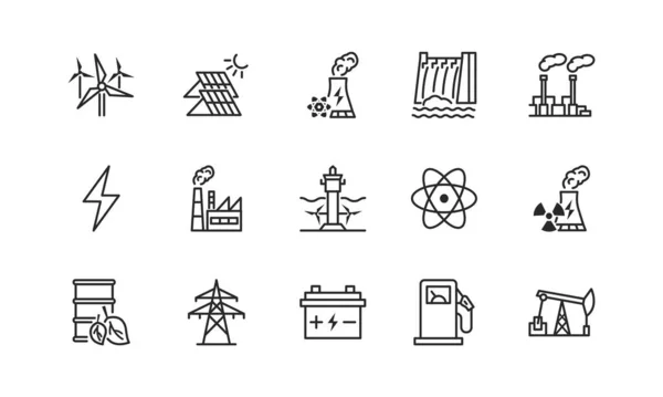 Zestaw ikon płaskiej linii elektrowni. Stacja energetyczna. Ilustracja wektora alternatywne odnawialne źródła energii obejmowały energię słoneczną, wiatrową, wodną, pływową, geotermalną i biomasę. Edytowalne pociągnięcia — Wektor stockowy