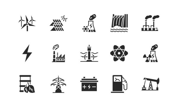 Power plant flat glyph icons set. Energy generation station. Vector illustration alternative renewable energy sources included solar, wind, hydro, tidal, geothermal and biomass energy. Black