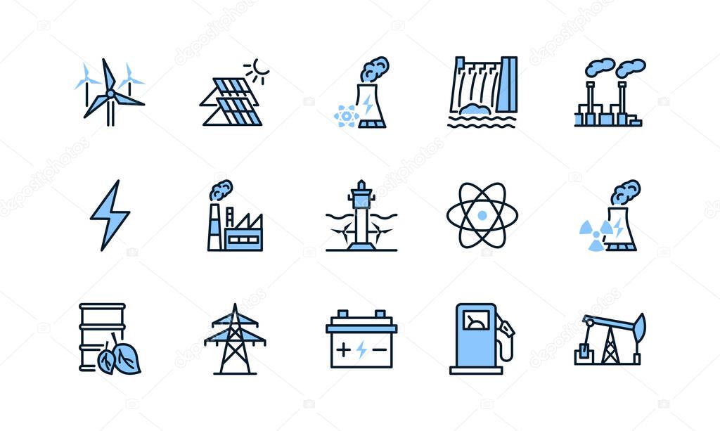Power plant flat line icons set blue color. Energy generation station. Vector illustration alternative renewable energy sources included solar, wind, hydro, tidal, geothermal and biomass energy