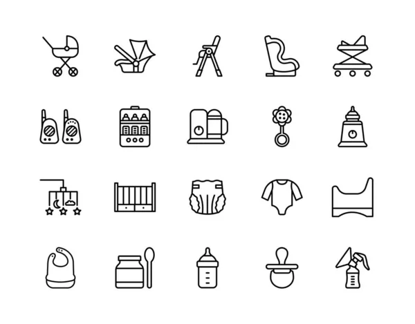 Baby items flat line icons set. Vector illustration necessary things for the baby and parents. Editable strokes — Stock Vector