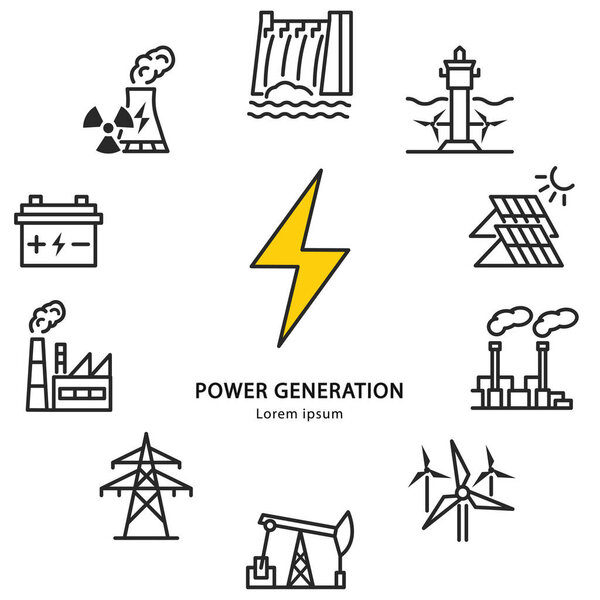 Знамя круга электростанции с плоскими иконками. Векторная иллюстрация генерации энергии. Инфографическая энергетическая станция. Любой текст может быть написан в центре.