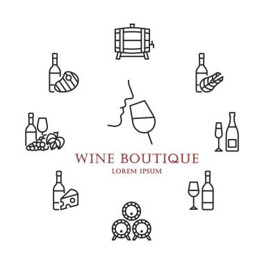 Wine boutique circle banner with flat line icons. in the centre you can write any text. Wine shop design clipart