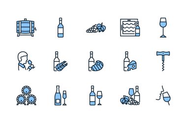 Şarap yassı çizgi simgesi mavi renk ayarlandı. Balık, et ve peynir için farklı şarap türlerini gösteren vektör illüstrasyon sembolleri. Üzüm, şarap garsonu, peynir, fıçı, tirbuşon. Düzenlenebilir vuruşlar