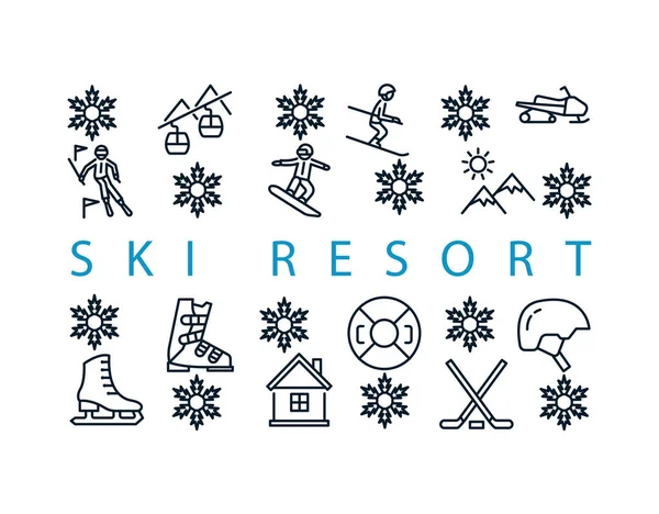 Banner retangular esporte de inverno com ícones de linha plana. Ilustração vetorial símbolos resort de esqui no fundo branco incluído esquiador, slalom, snowboarder, cabo, equipamento. No centro você pode escrever —  Vetores de Stock