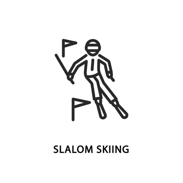 スラロームスキーヤーフラットラインアイコン。旗の間の山をスキーしている人をベクトルイラスト — ストックベクタ