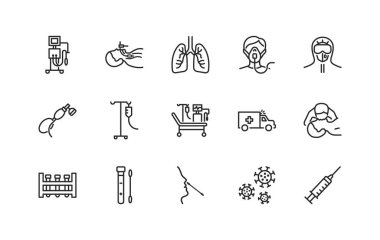 Yapay akciğer havalandırma düz çizgi simgeleri ayarlandı. Vector illüstrasyon koronovirüs testi ve covid-19 için tıbbi ekipman. Burun temizleme laboratuvar testi, yoğun bakım, oksijen maskesi, suni teneffüs.