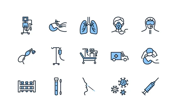 Artificial lung ventilation flat line icons set blue color. Vector illustration coronovirus test and medical equipment for covid-19. Nasal swab laboratory test, icu, oxygen mask, mouth-to-mouth — Stock Vector