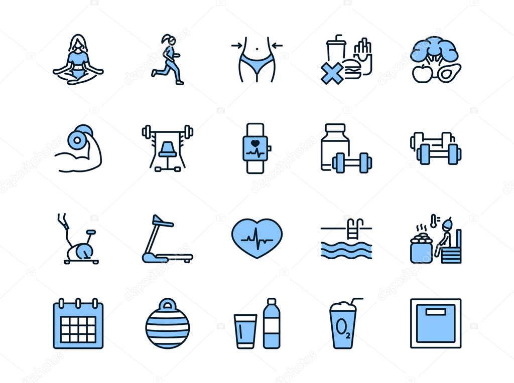 Fitness and healthy lifestyle flat line icons set blue color. Vector illustration slimming, sport,good nutrition, workout. Editable strokes.