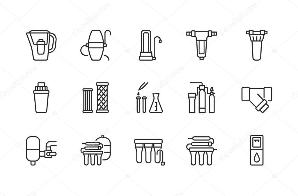 Water filter flat line icon. Vector illustration of different types of water filtration equipment included countertop, undersink, pitcher container, whole house, reverse osmosis, fine filter. Editable