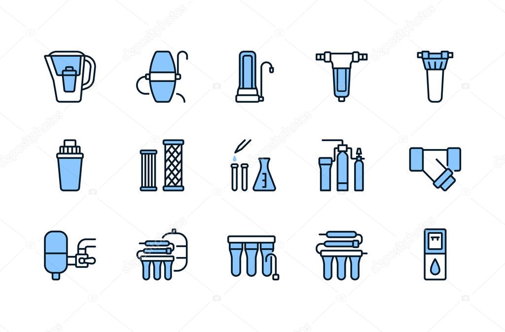Water filter flat line icon blue color. Vector illustration of different types of water filtration equipment included undersink, pitcher container, reverse osmosis, fine filter. Editable strokes