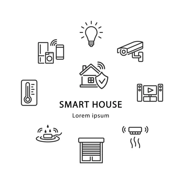 Smart Home Circle Banner mit flachen Linien-Symbolen. Vektor-Illustrationsvorlage für Smart-Home-Werbung. In der Mitte können Sie jeden beliebigen Text schreiben — Stockvektor