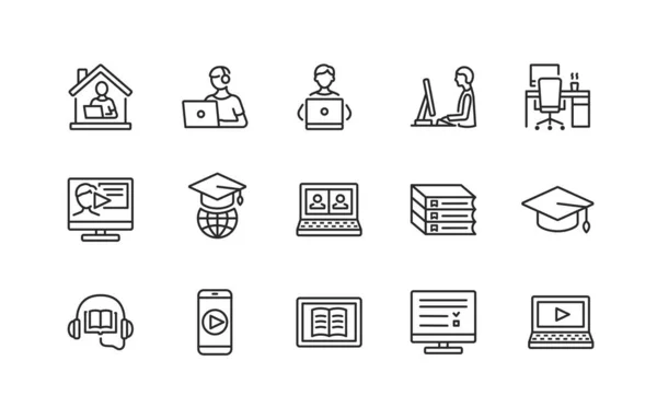 Online education and remote work flat line icons set. Study and job from home. Editable strokes — Stock Vector