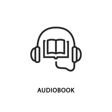 Audiobook düz çizgi simgesi. Vektör illüstrasyon kulaklıkları kitaba bağlıdır