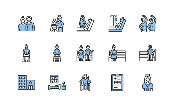 Elderly people and disabled flat line icons set blue color. Vector illustration caring for the elderly. Nursing home and hospice service. Editable strokes Jogdíjmentes Stock Vektorok