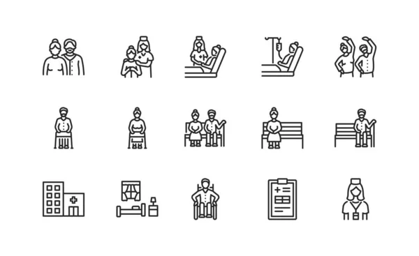 Elderly people and disabled flat line icons set. Vector illustration caring for the elderly. Nursing home and hospice service. Editable strokes Stock Vektor