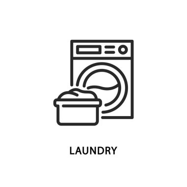 Çamaşır düz çizgi simgesi. Vektör illüstrasyon çamaşır makinesi ve leğen kemiğinin yanında.