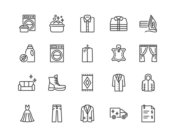 Set de iconos de línea plana de limpieza en seco. Servicio de lavandería símbolo. Golpes editables Gráficos Vectoriales