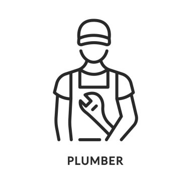 Ayarlanabilir ingiliz anahtarı düz çizgi ikonuna sahip tesisatçı. Tulumlu bir araçla vektör illüstrasyon çalışanı