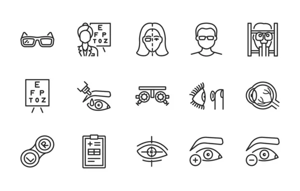 Ophthalmology flat line icon set. Vector illustration vision treatment. Examination in an ophthalmological clinic. Editable strokes — Stock Vector