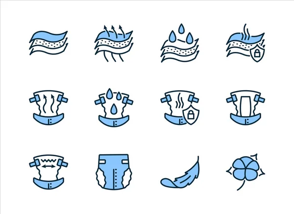 Właściwości pieluch płaska linia ikona zestaw niebieski kolor. Ilustracja wektorowa oddychalność, odporność na wilgoć, ochrona zapachu, miękkość, bawełna. Edytowalne pociągnięcia — Wektor stockowy