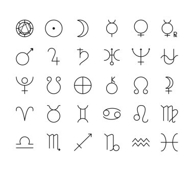 Astroloji ve simya düz çizgi ikonu seti. Vektör illüstrasyon burç işaretleri ve gezegen sembolleri. Düzenlenebilir vuruşlar