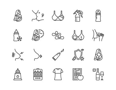 Emzirme düz çizgi simgesi seti. Vektör illüstrasyon emzirmesi. Meme ucu kalkanı, meme yastıkları, yeni doğan bebeklerin saatlerce beslenmesi, hemşire kıyafetleri, meme iltihabı dahil. Düzenlenebilir vuruşlar