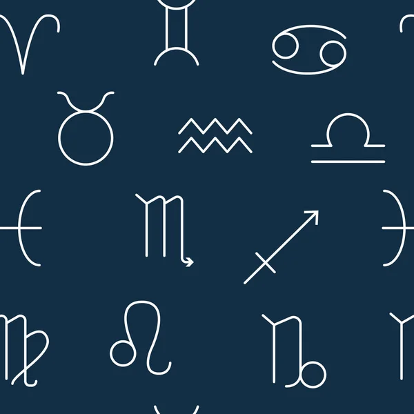 Астрологический бесшовный узор с плоскими линиями. Символы зодиака на синем фоне — стоковый вектор