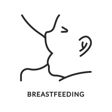 Emzirme düz çizgi ikonu. Göğüse doğru eklenmiş vektör çizimi. Süt.