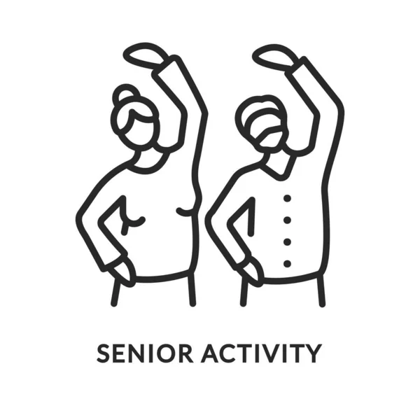 Icono de línea plana de actividad senior. Ilustración vectorial personas mayores haciendo ejercicio — Vector de stock