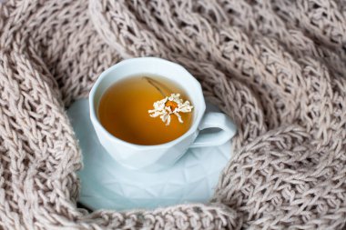 Sıcak bej örgü arka planda kurutulmuş çiçekli bitkisel papatya çayı. Soğuk algınlığı ve gribi önleme kavramı, ev yapımı ilaçlar, doğal sağlık hizmetleri. Seçici odak.