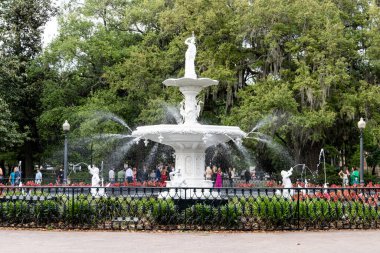 Savannah, Georgia 'daki Foryth Park çeşmesi su püskürtüyor.