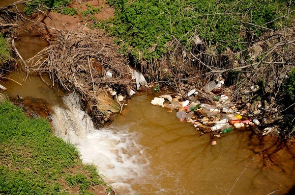 Belo Pequeno Rio Com Folhagem Garrafas Plástico Lixo Jogado Por — Fotografia de Stock