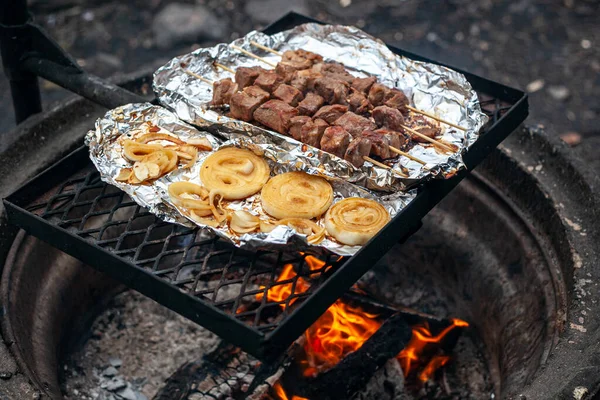 Pork kebab and onions are grilled on the foil over a campfire. — Stock Photo, Image