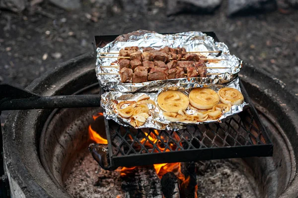 Varkensvlees kebab en uien worden gegrild op de folie boven een kampvuur. — Stockfoto