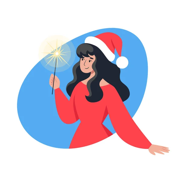 Vrouw Rode Jurk Santa Hoed Met Sterretje Illustratie Voor Kerst — Stockvector