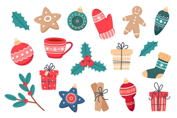 Kerst Set Van Leuke Elementen Vector Illustratie Platte Stijl Voor — Stockvector