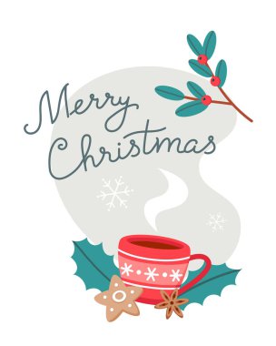 Sıcak içecek, baharat ve zencefilli kurabiye, Mutlu Noeller, tebrik kartı tasarımı için vektör illüstrasyonu