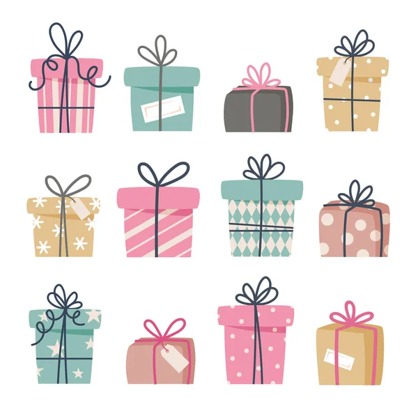 Noel hediyeleri, yeni yıl hediyeleri, kurdeleli hediye kutuları, düz stil vektör çizimleri.