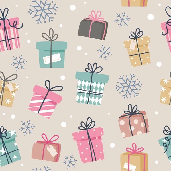 Weihnachten Nahtloses Muster Mit Geschenken Und Schneeflocken Vektorillustration Flachen Stil — Stockvektor