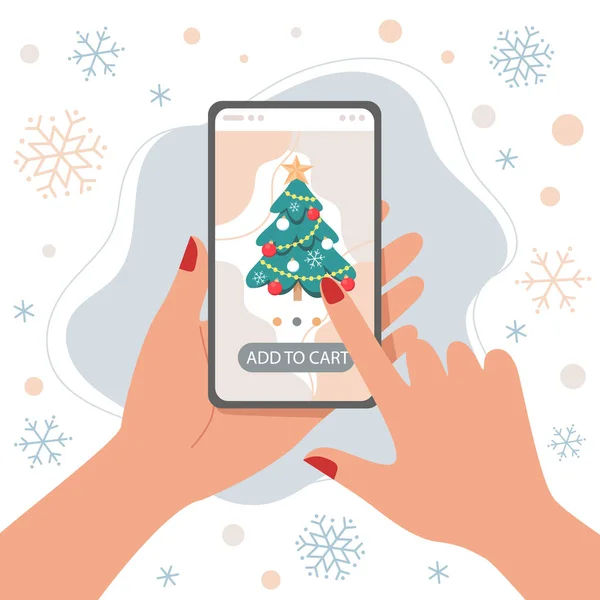 スマートフォンを使用したオンラインショッピング 画面上のクリスマスツリー フラットスタイルでベクトルイラスト — ストックベクタ