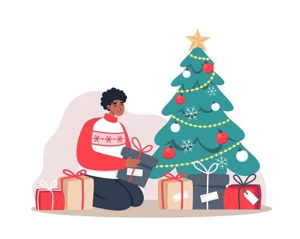 Mann Legt Geschenke Unter Weihnachtsbaum Vektor Illustration Flachen Stil — Stockvektor