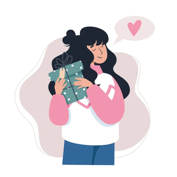 Elinde bir hediye tutan genç bir kadın, düz stil vektör çizimi.