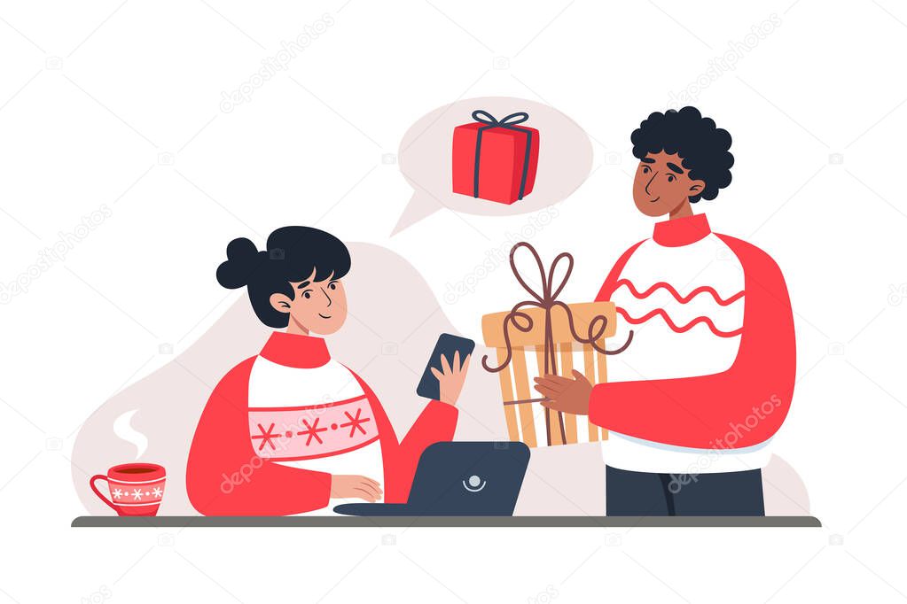 Woman and man buying gifts in online store, New Year's and Christmas online shopping from home. Vector illustration in flat style