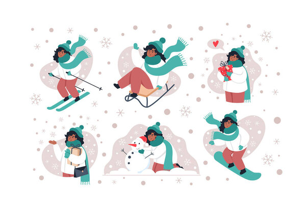 Winter characters collection, winter activities. Vector illustration in flat style