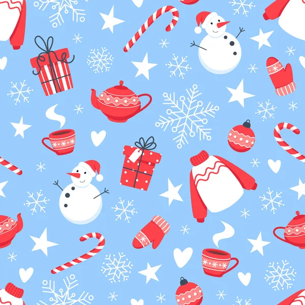 Weihnachten Nahtloses Muster Mit Schneemann Schneeflocken Und Neujahrsbonbons Auf Blauem — Stockvektor