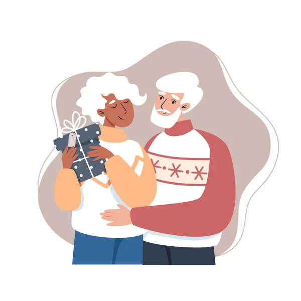 おじいちゃんとおばあちゃんにプレゼントベクトルイラストをフラットスタイル — ストックベクタ